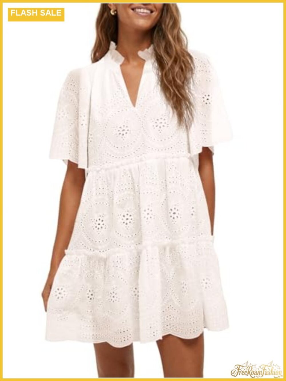 Womens Eyelet Lace Babydoll Mini Dress Short Sleeve V Neck Swing Casual